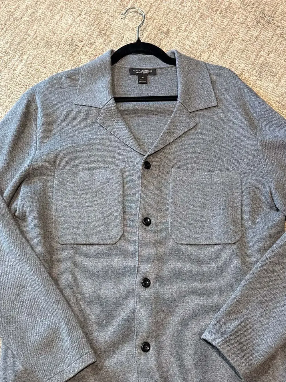 Banana Republic Organic Cotton Knit Overshirt Shacket Camp Collar Gray Men's M